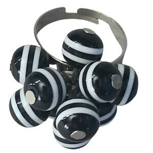 Vtg 1960s Black White Stripe Glass Cha Cha Beaded Cluster Adjustable Ring